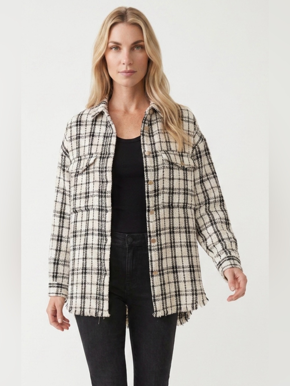 Vici Cream and Black Plaid Button-Front Frayed Hem Shacket
